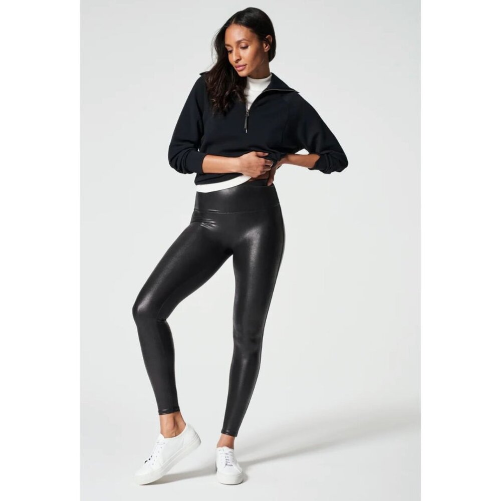 Spanx Black Liquid Faux-Leather‎ Leggings Size M Style 2437 Spanxshape Stretch